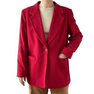 Vintage 90s Womens Cherry Red Wool Cashmere Single Breasted Oversized Blazer